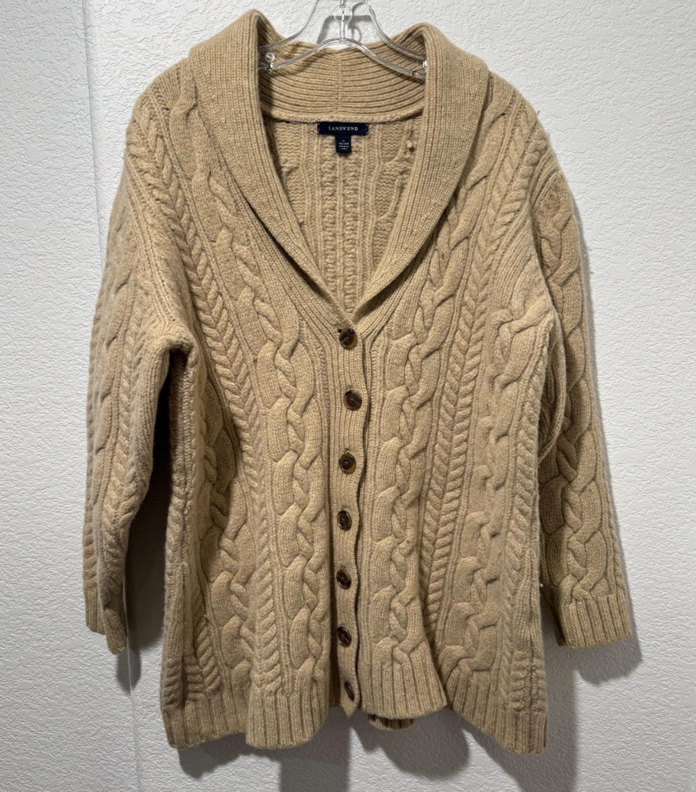 Lands End Cardigan Women 1X 16W-18W Cable Chunky Knit Shawl Collar Preppy